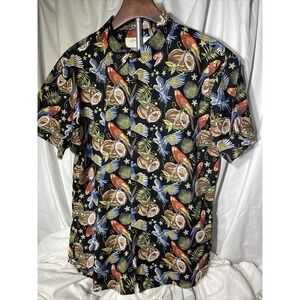 High Surf Island Men's Hawaiian Shirt L Black‎ W/Parrots & Coconuts Floral